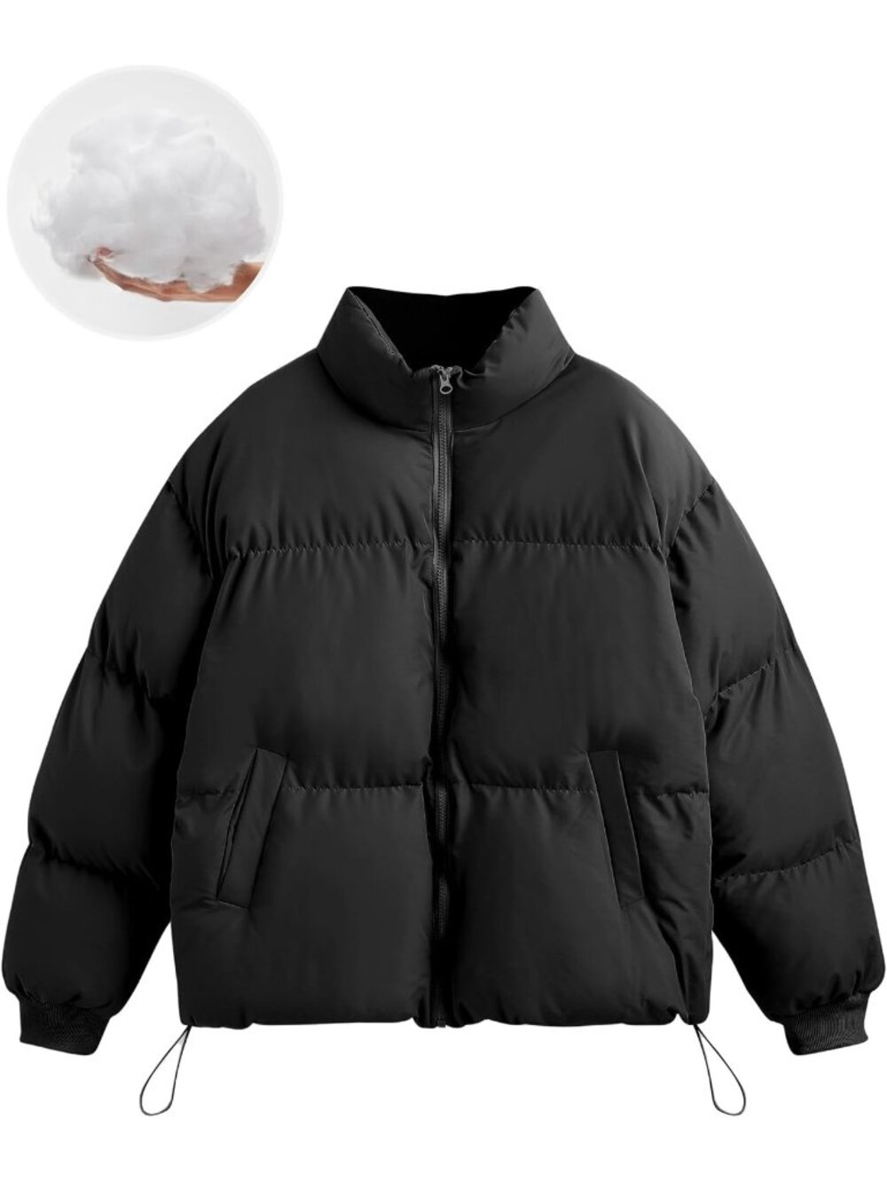 Women's Black Quilted Puffer Jacket Cropped Baggy Zip Up Casual Warm Jackets